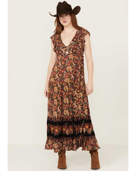 Image #1 - Angie Women's Smocked Floral Print Short Sleeve Maxi Dress , Brown, hi-res