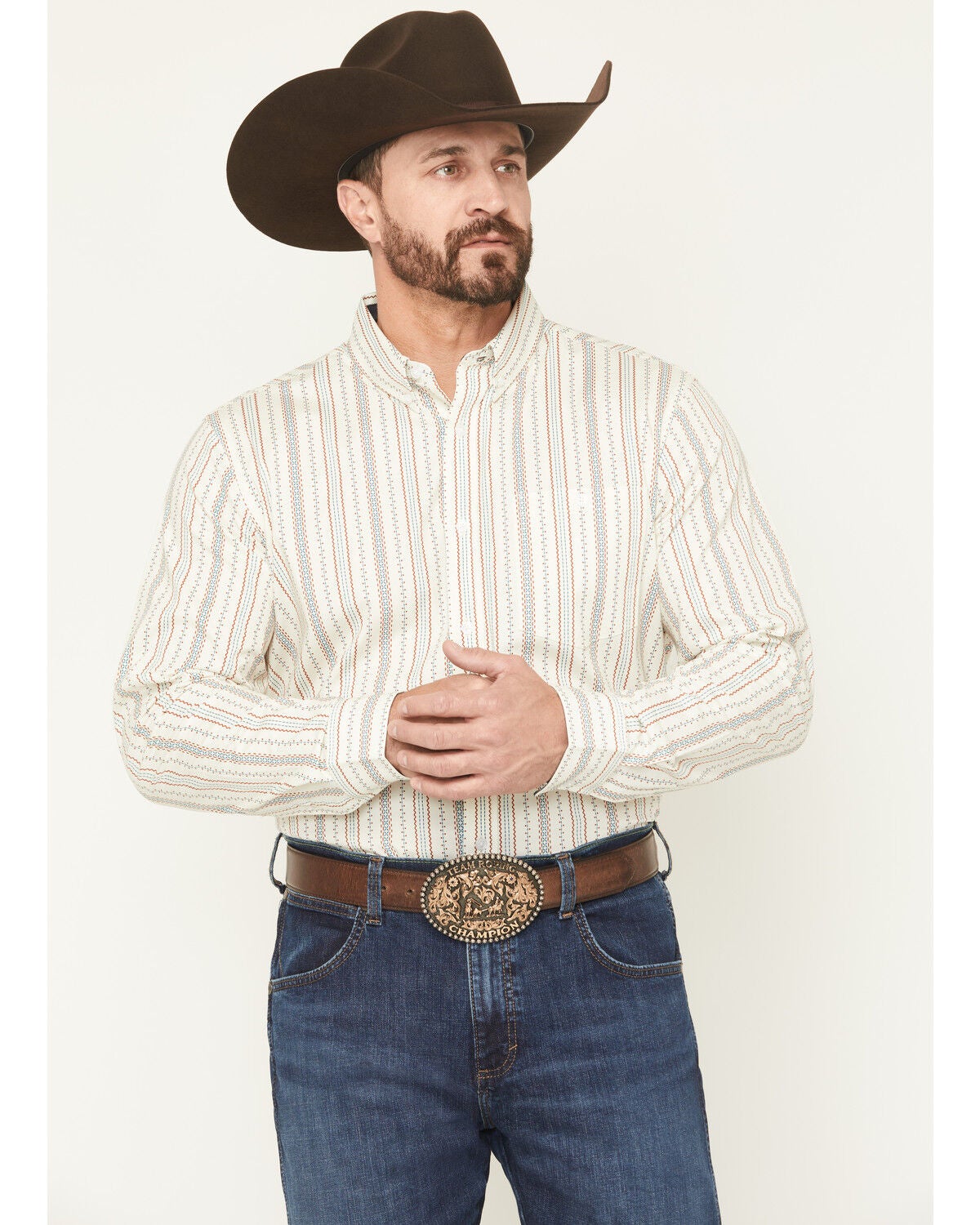 RANK 45&reg; Men's Rocky Peak Striped Long Sleeve Button-Down Stretch Western Shirt, Cream, hi-res