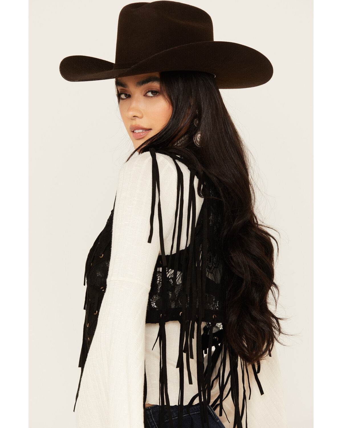 Image #2 - Vocal Women's Braided Lace Fringe Vest, Black, hi-res