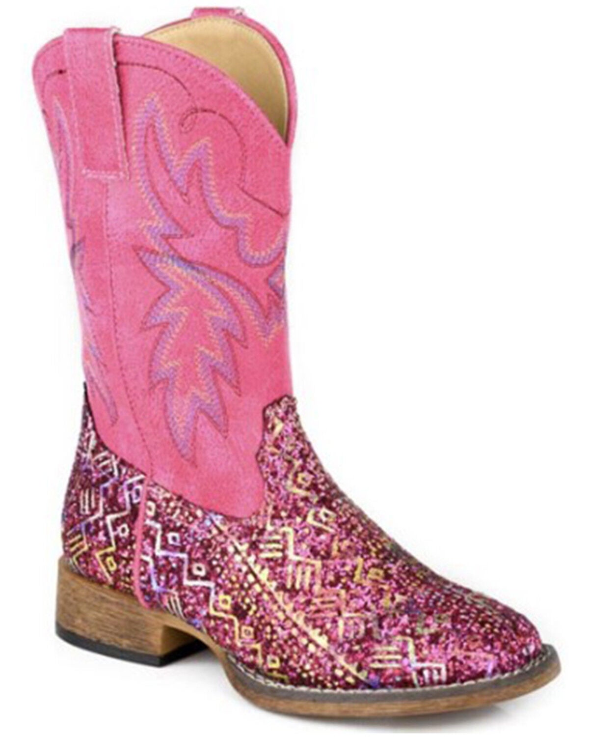 Roper Girls' Glitter Southwestern II Western Boots - Broad Square Toe, Pink