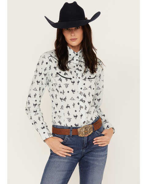 Wrangler Women's Desert Toss Long Sleeve Western Pearl Snap Shirt, Blue, hi-res