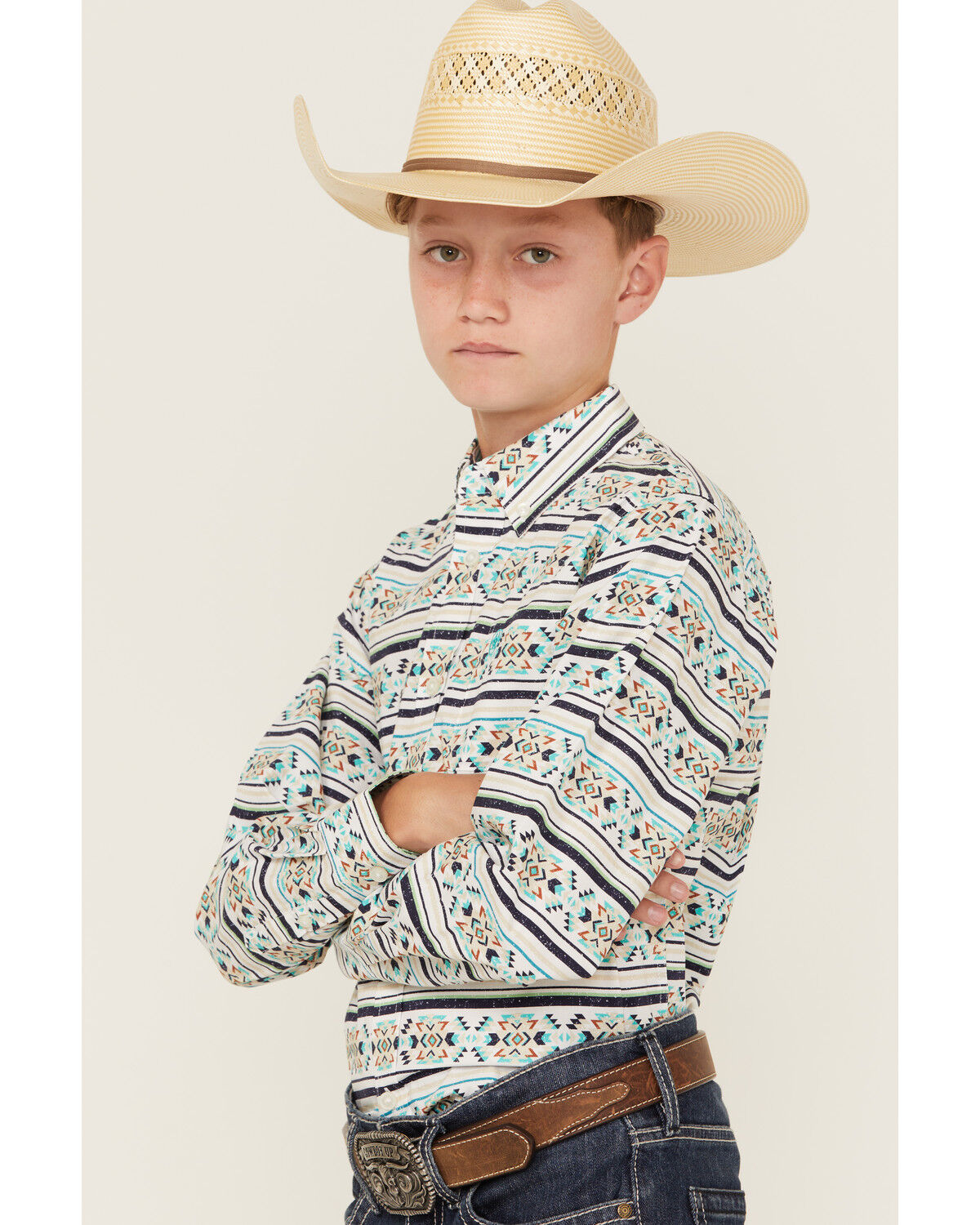 Image #2 - Ariat Boys' Southwestern Print Long Sleeve Button-Down Western Shirt, Teal, hi-res