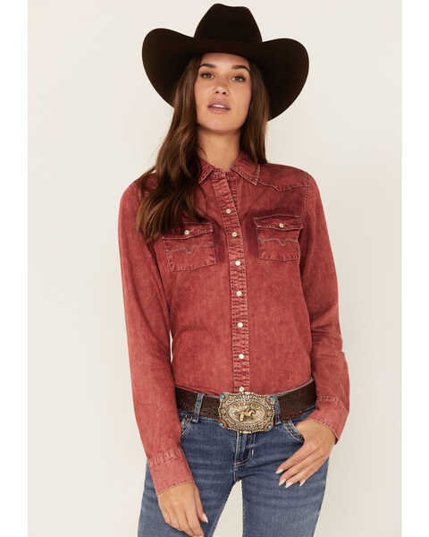 Kimes Ranch Women's Boot Barn Exclusive Kaycee Denim Long Sleeve Pearl Snap Western Core Shirt , Burgundy, hi-res