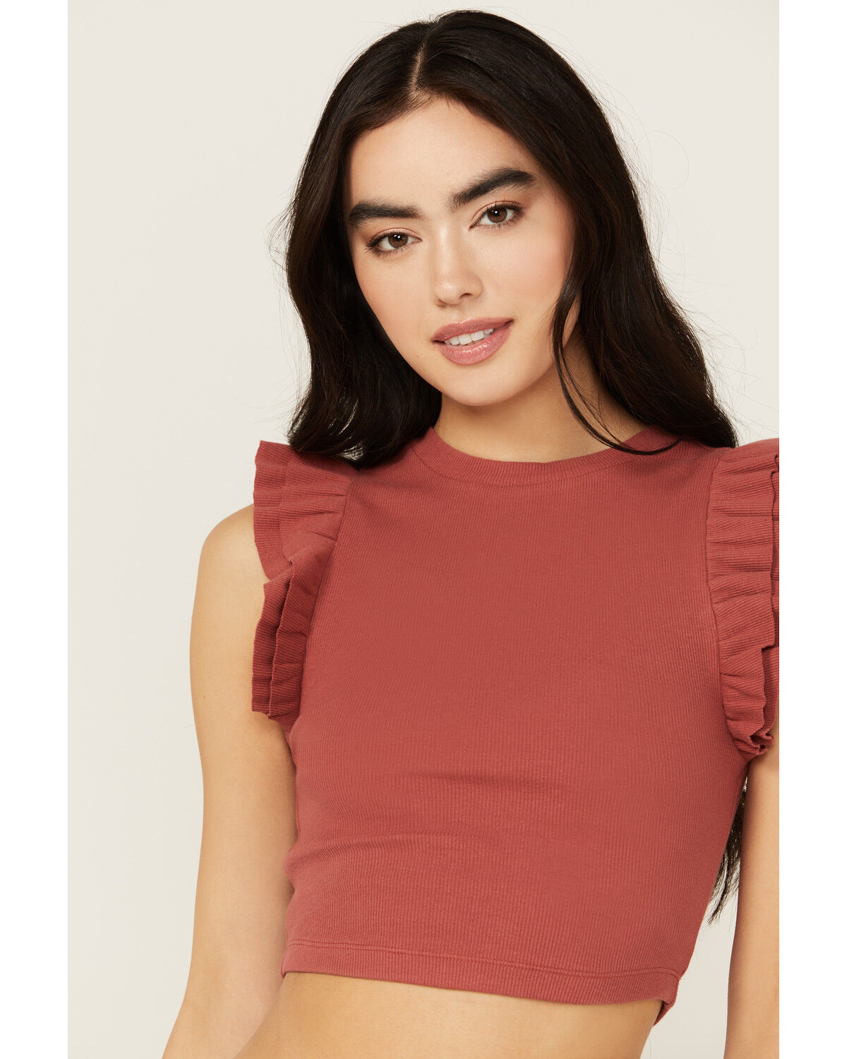 Image #3 - Shyanne Women's Ruffle Sleeve Ribbed Cropped Top, Rust Copper, hi-res