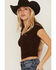 Image #2 - Shyanne Women's V Neck Short Sleeve Stretch Knit Top, Dark Brown, hi-res