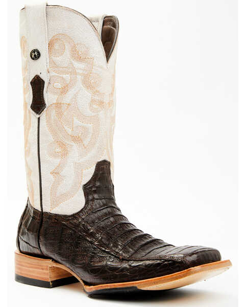 Image #1 - Tanner Mark Men's Exotic Caiman Belly Western Boots - Broad Square Toe, Brown, hi-res
