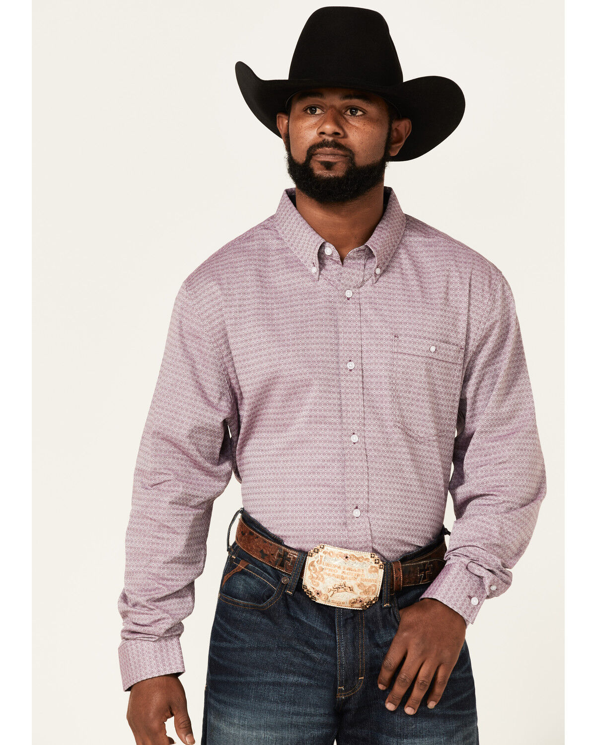 Image #1 - RANK 45® Men's Producer Jacquard Print Long Sleeve Button-Down Western Shirt, Purple, hi-res