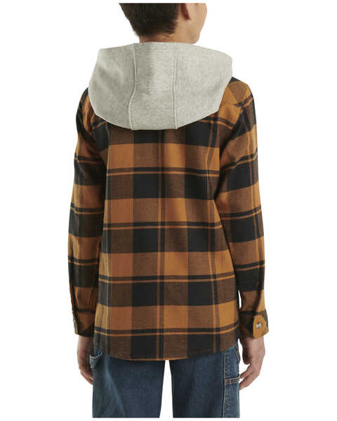 Image #3 - Carhartt Boys' Plaid Print Button-Down Long Sleeve Hooded Flannel Shirt , Medium Brown, hi-res