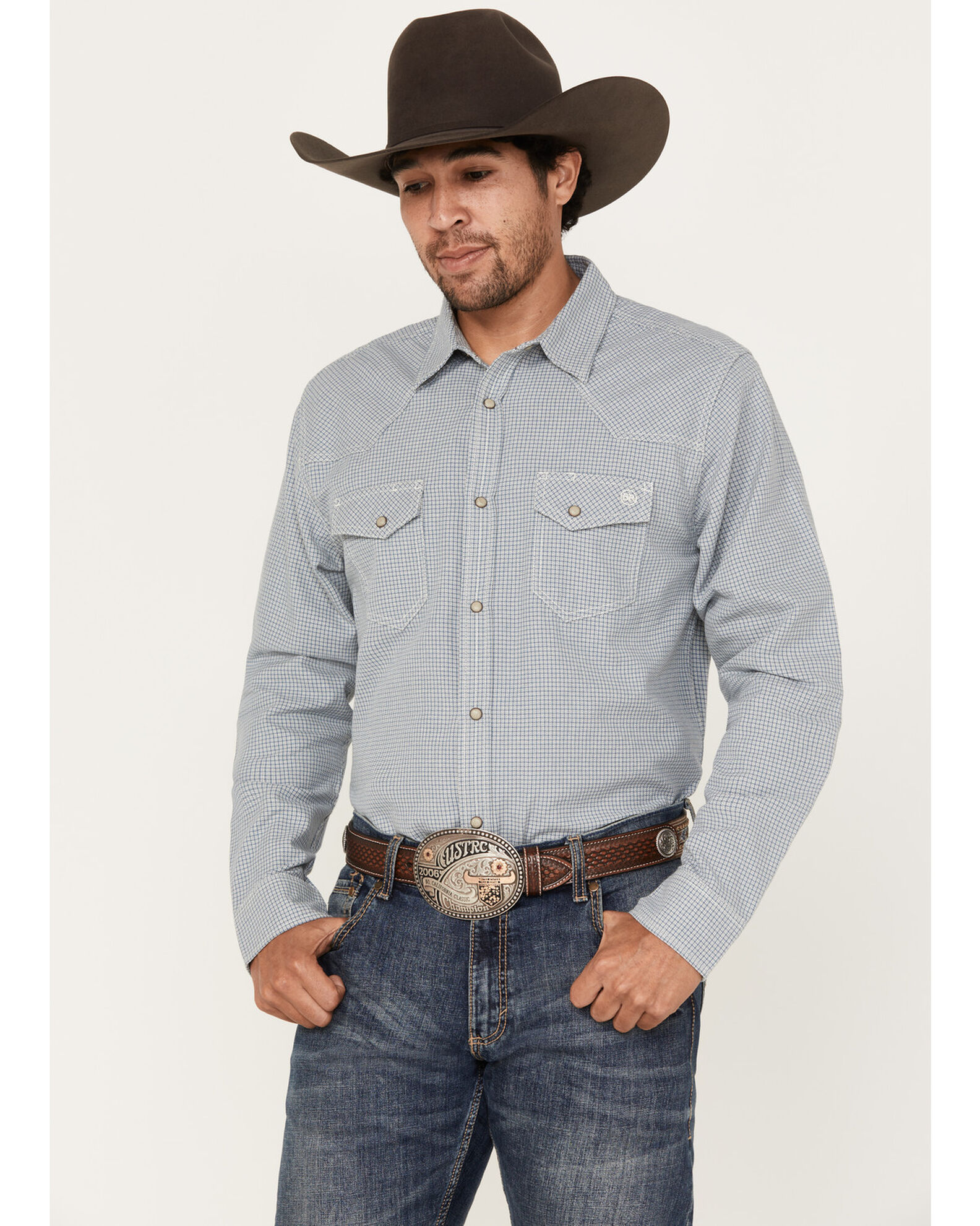 Image #1 - Blue Ranchwear Men's Plaid Print Long Sleeve Western Pearl Snap Shirt, Indigo, hi-res