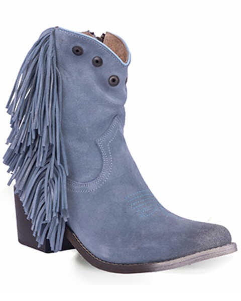 Circle G Women's Studded Suede Fringe Ankle Boots - Round Toe , Blue, hi-res