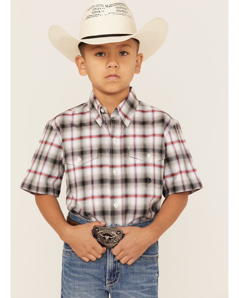 Roper Boys' Amarillo Plaid Print Short Sleeve Button-Down Shirt, Black, hi-res