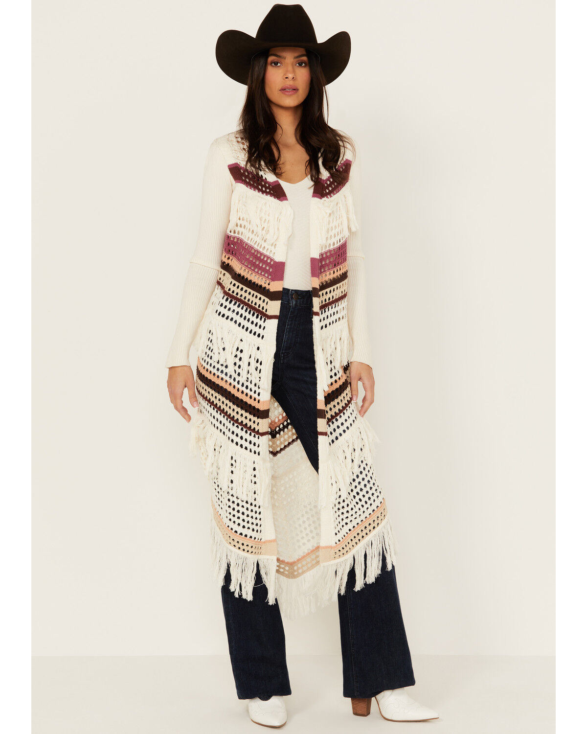 Image #1 - Shyanne Women's Long Striped Crochet Fringe Sweater Vest, Cream, hi-res