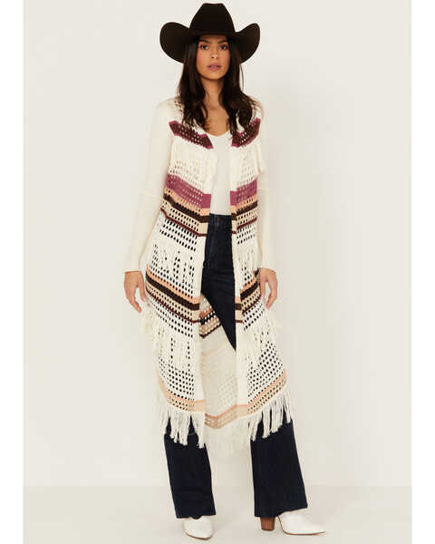 Image #1 - Shyanne Women's Long Striped Crochet Fringe Sweater Vest , Cream, hi-res