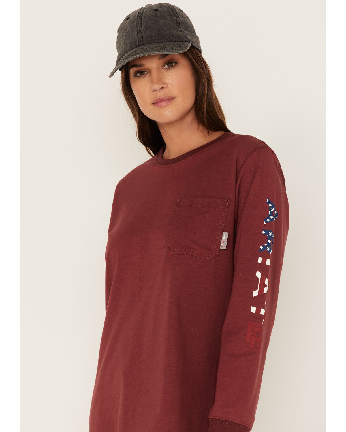 Image #2 - Ariat Women's FR Stretch USA Logo Long Sleeve Work T-Shirt, Dark Red, hi-res