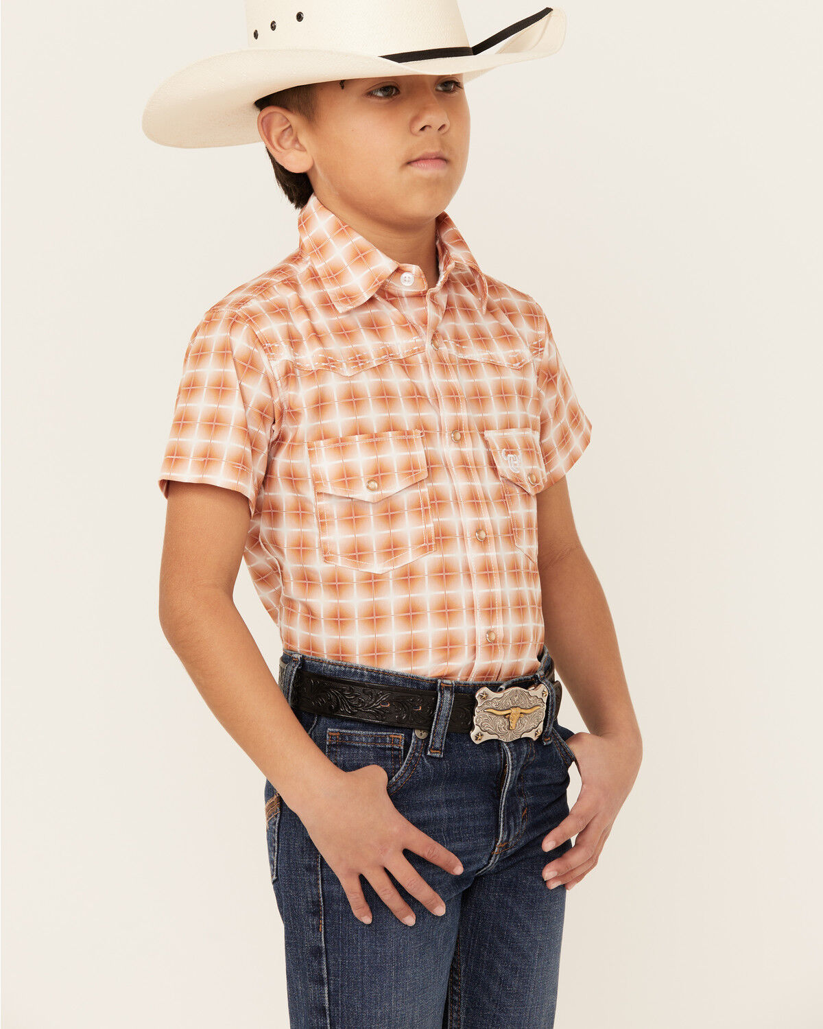 Image #2 - Cowboy Hardware Boys' Gradient Square Short Sleeve Snap Western Shirt, Orange, hi-res