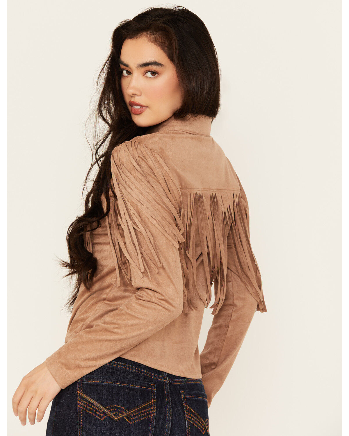 Image #4 - Idyllwind Women's Fate Faux Suede Fringe Long Sleeve Button-Down Tie-Front Shirt, Tan, hi-res
