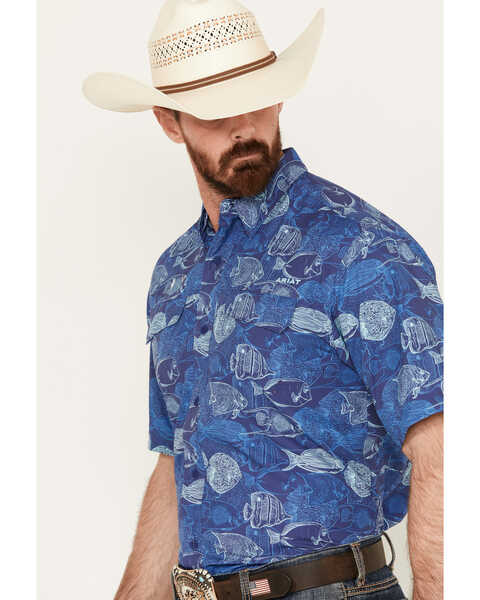 Image #2 - Ariat Men's VentTEK Outbound Fish Print Short Sleeve Button-Down Shirt - Big, Blue, hi-res