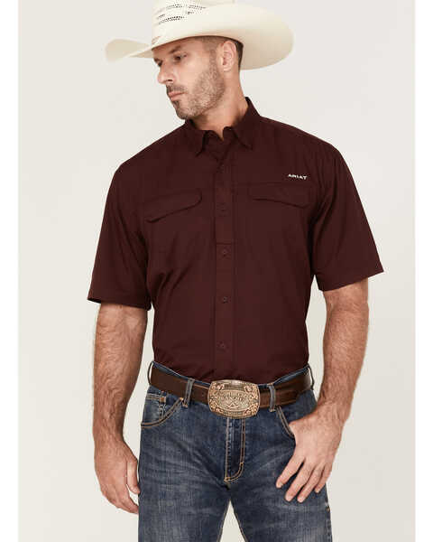 Image #1 - Ariat Men's VentTEK Outbound Short Sleeve Button Down Western Shirt, Burgundy, hi-res