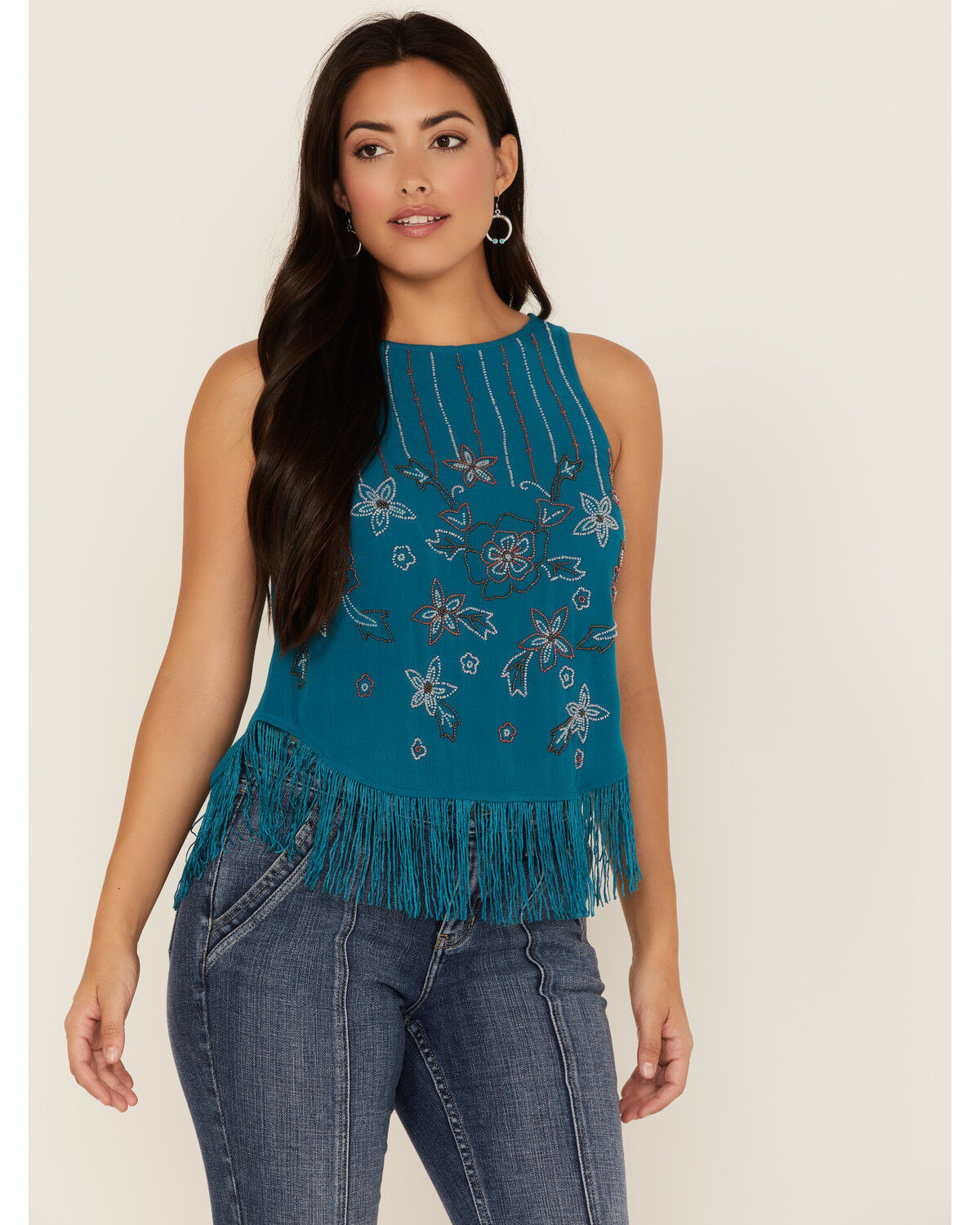 Image #2 - Idyllwind Women's Cameo Beaded Fringe Tank Top, Blue, hi-res