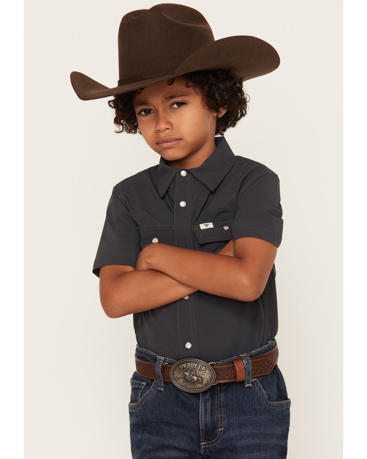 Ferrell Boys' Core Tek Solid Short Sleeve Snap Performance Western Shirt, Grey, hi-res
