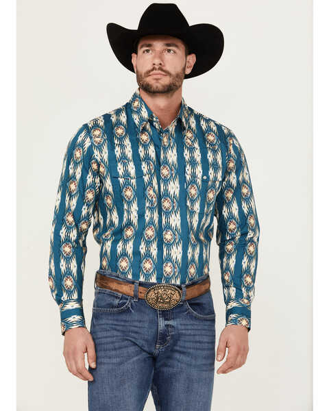 Wrangler Men's Checotah Long Sleeve Pearl Snap Western Shirt , Blue, hi-res