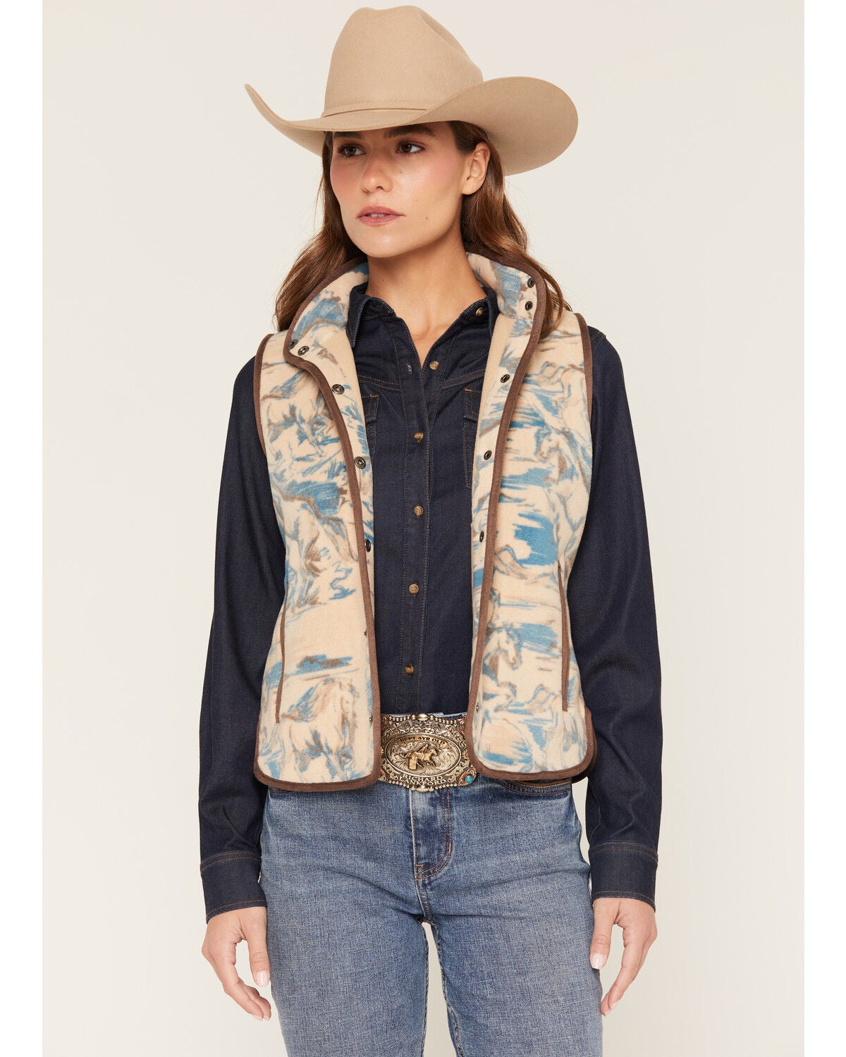 Image #1 - Shyanne Women's Horse Print Polar Fleece Vest, Khaki, hi-res