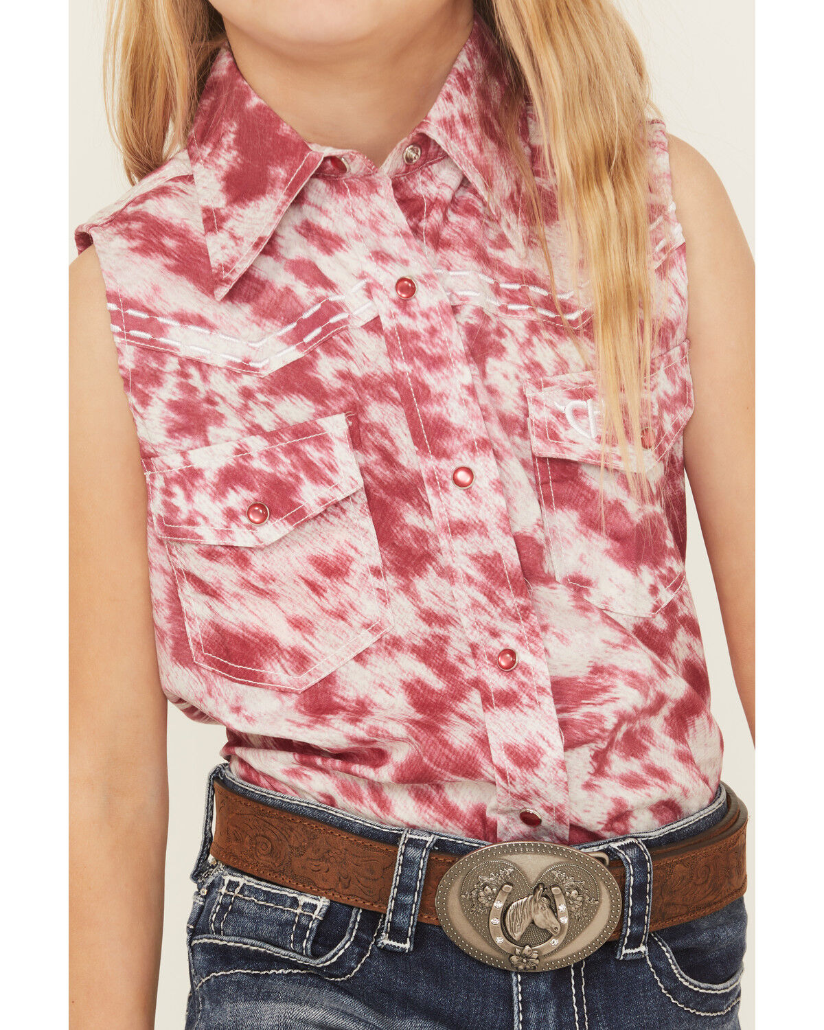 Image #3 - Cowgirl Hardware Girls' Cowhide Print Sleeveless Snap Stretch Western Shirt, Pink, hi-res