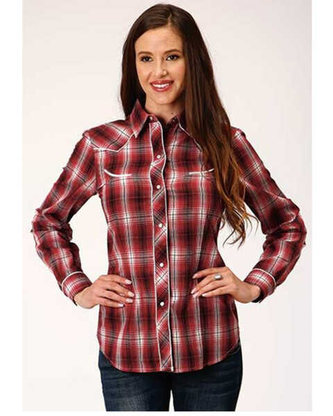Image #1 - Roper Women's Plaid Print Contrast Piping Long Sleeve Western Snap Shirt, Red, hi-res
