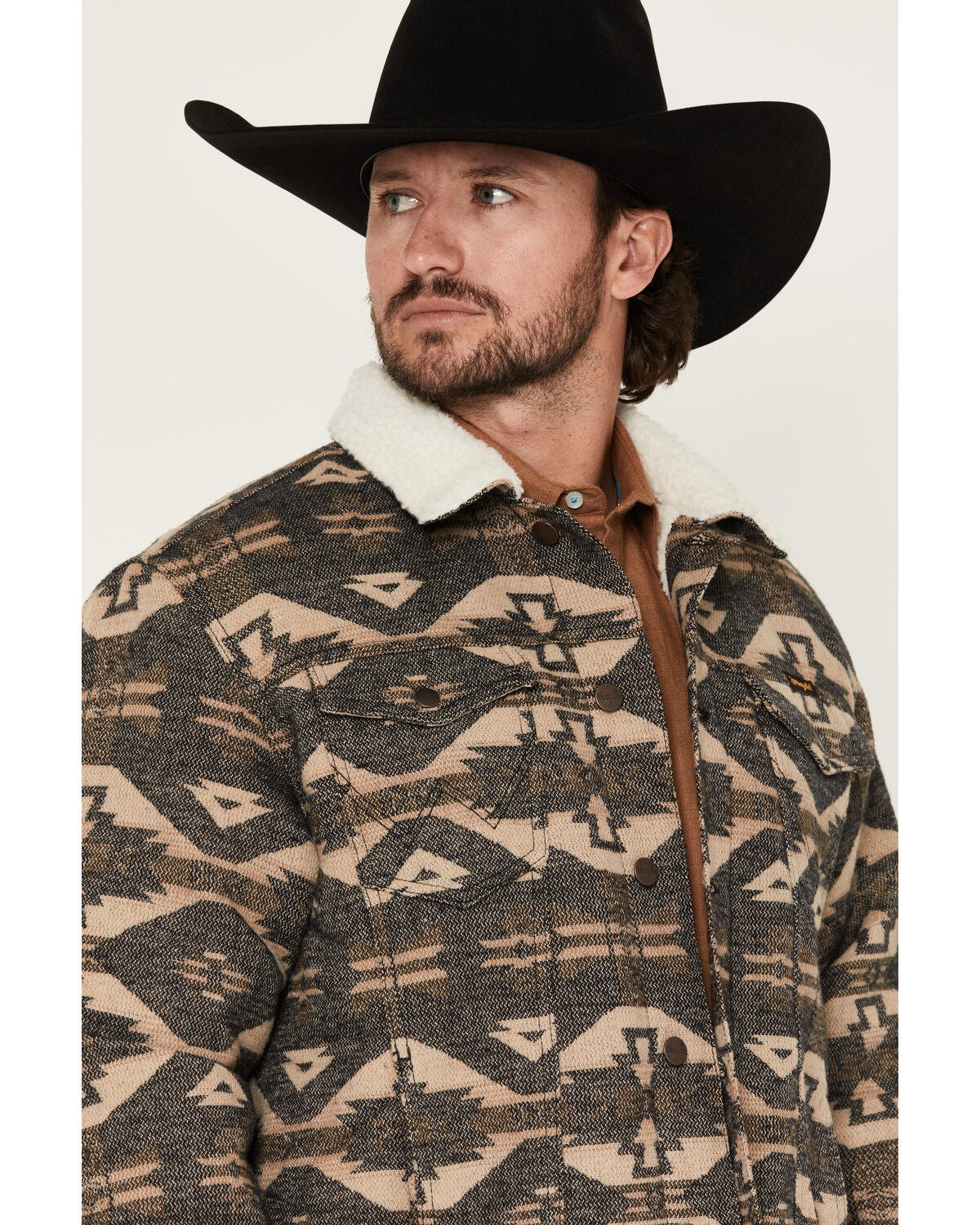 Image #2 - Wrangler Men's Southwestern Sherpa Lined Button-Down Jacket, Charcoal, hi-res