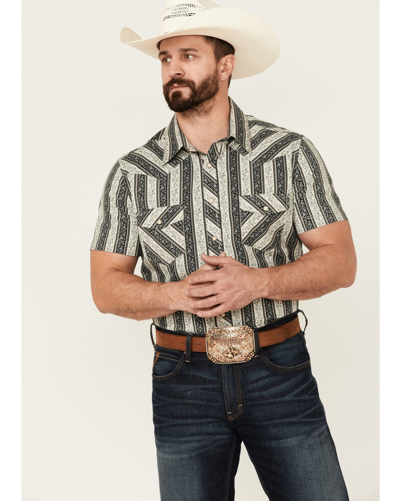 Rock & Roll Denim Men's Aqua Vintage Floral Stripe Short Sleeve Snap Western Shirt , Aqua, hi-res