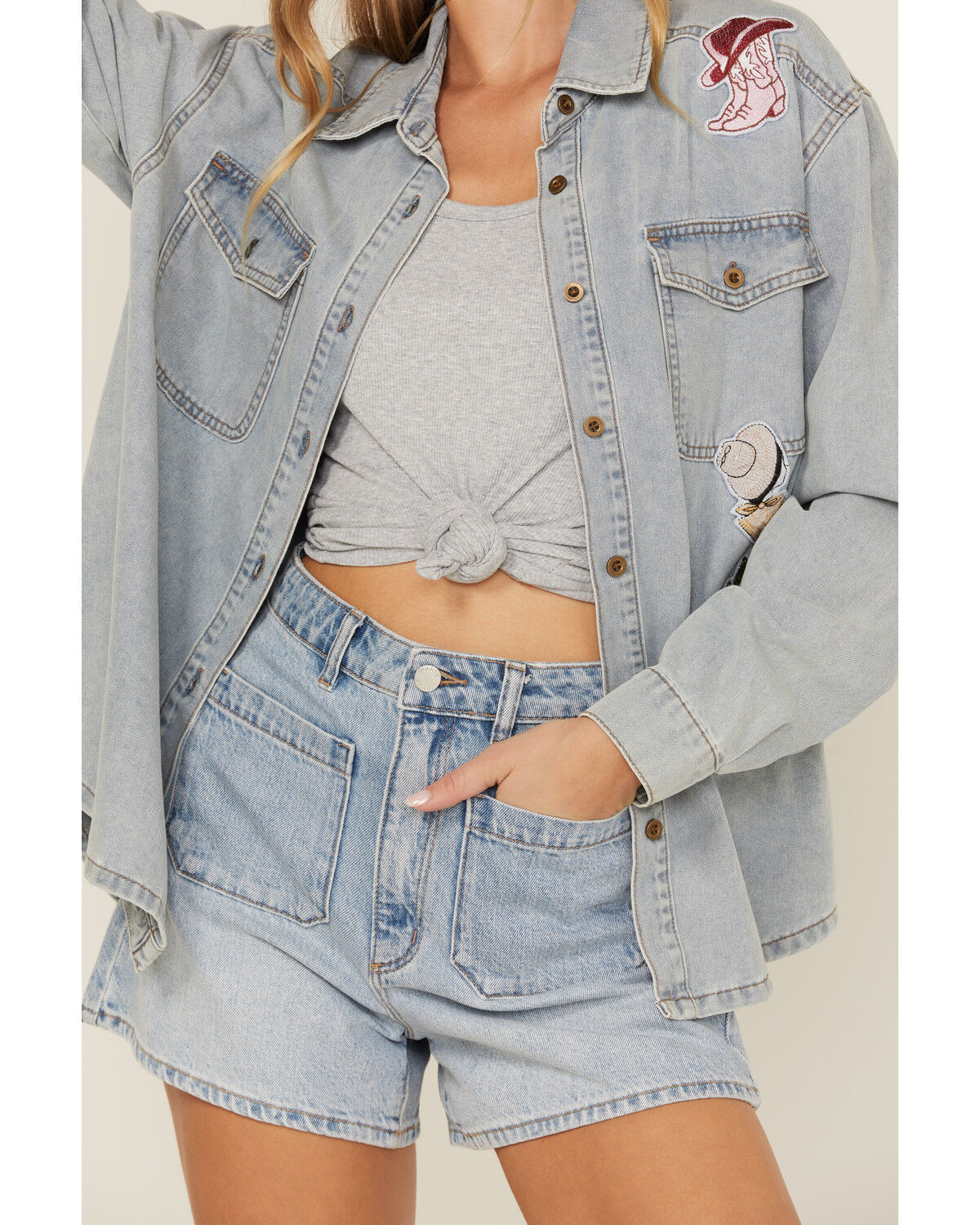 Image #3 - Blue B Women's Light Wash Denim Western Patchwork Long Sleeve Button-Down Western Shirt, Light Wash, hi-res
