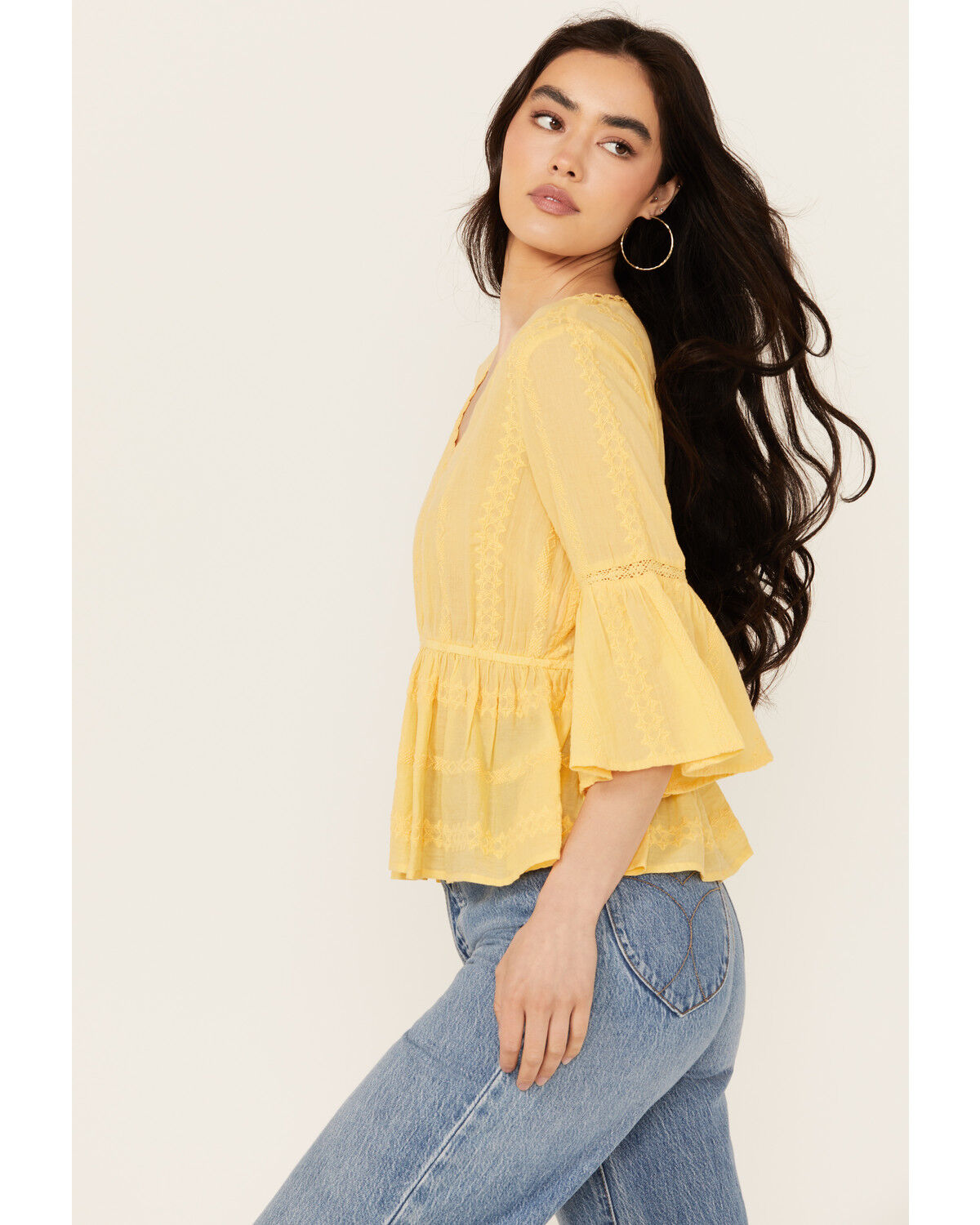 Image #2 - Shyanne Women's Inset Lace Embroidered Peasant Top, Yellow, hi-res