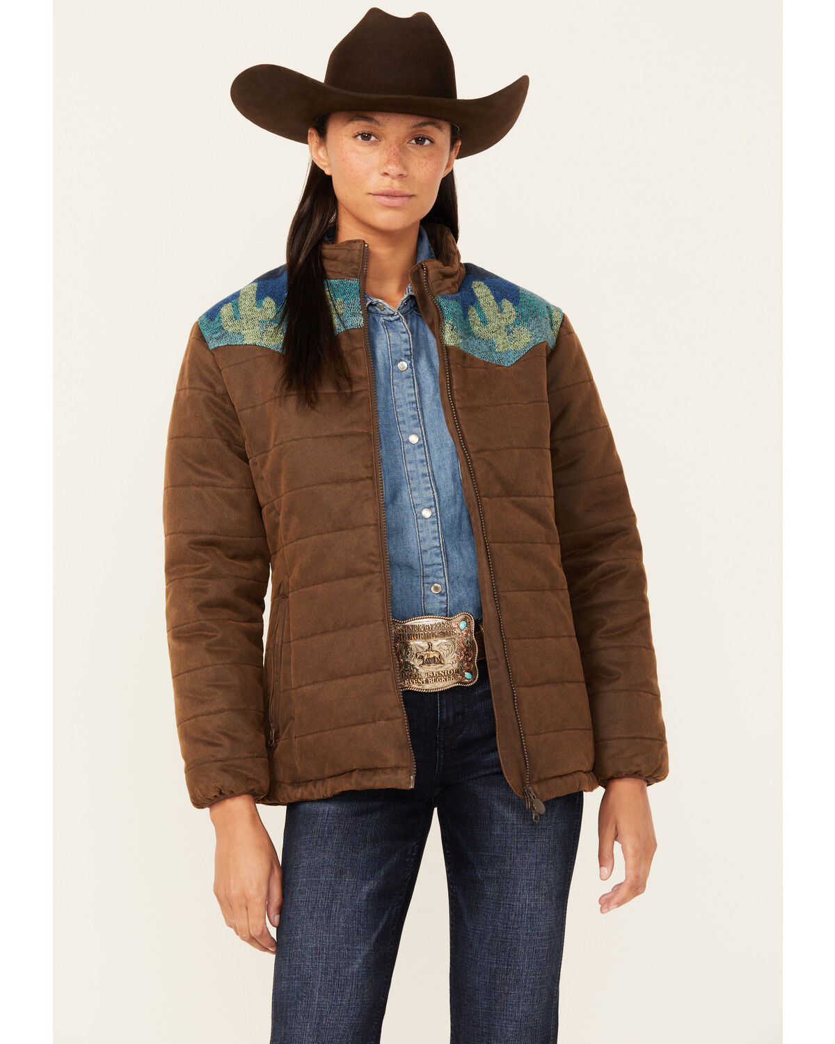 Image #1 - Outback Trading Co Women's Western Printed Yoke Puffer Aspen Jacket, Brown, hi-res