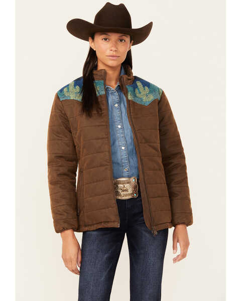 Image #1 - Outback Trading Co Women's Western Printed Yoke Puffer Aspen Jacket , Brown, hi-res