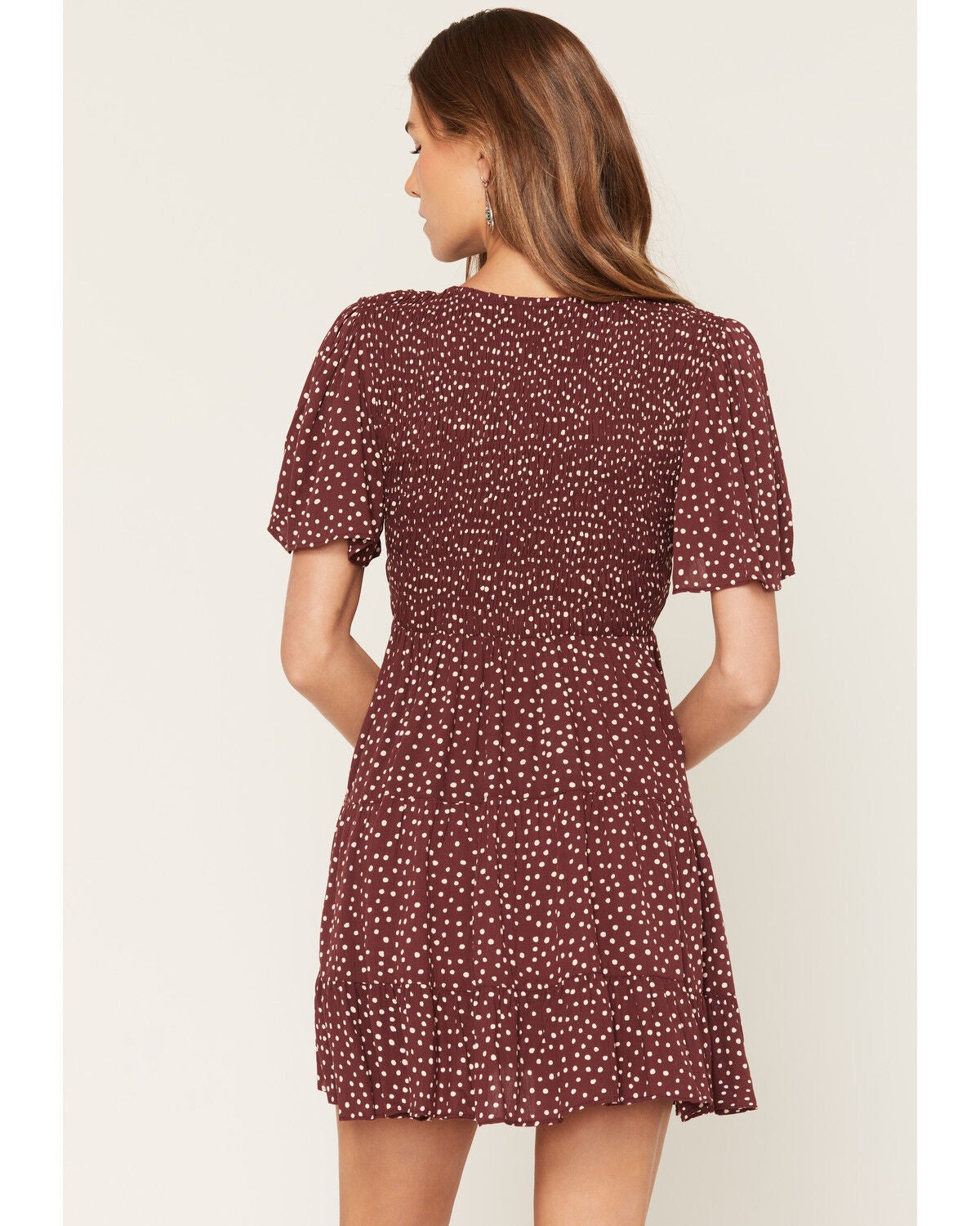 Image #4 - Angie Women's Polka Dot Flutter Sleeve Mini Dress, Brown, hi-res