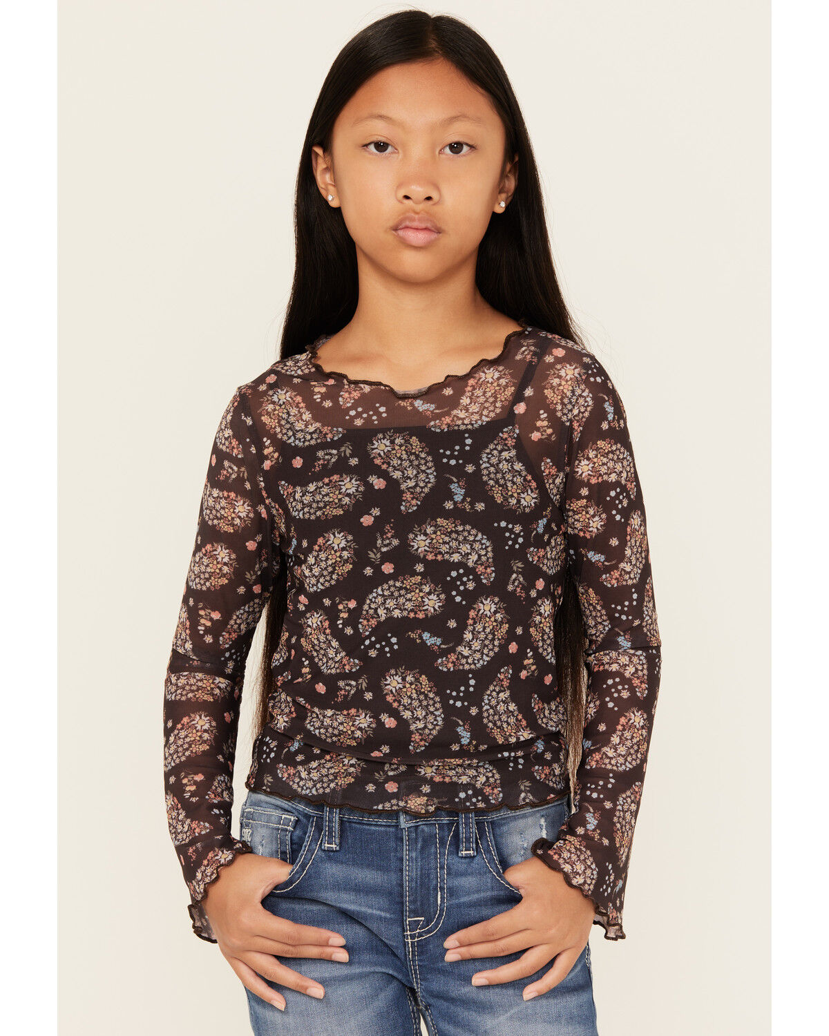 Image #1 - Trixxi Girls' Paisley Print Long Sleeve Mesh Top, Black, hi-res