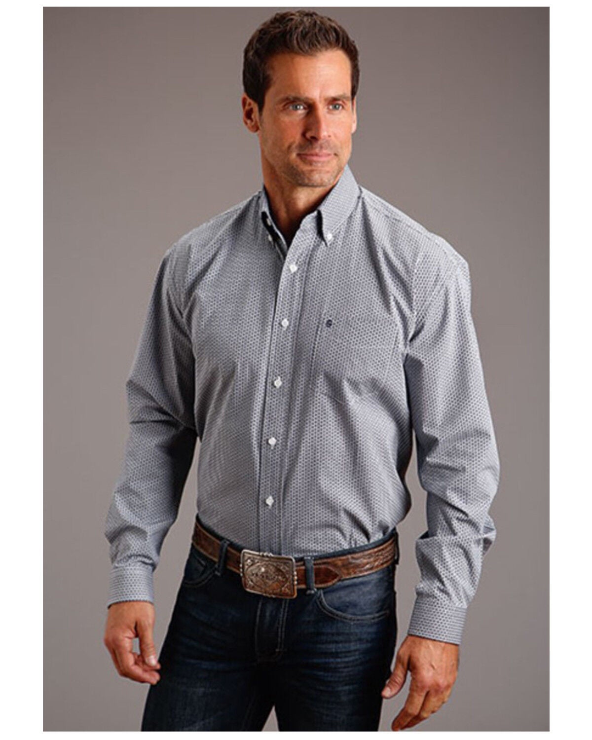 Stetson Men's Geo Print Long Sleeve Button-Down Western Shirt, Dark Blue, hi-res