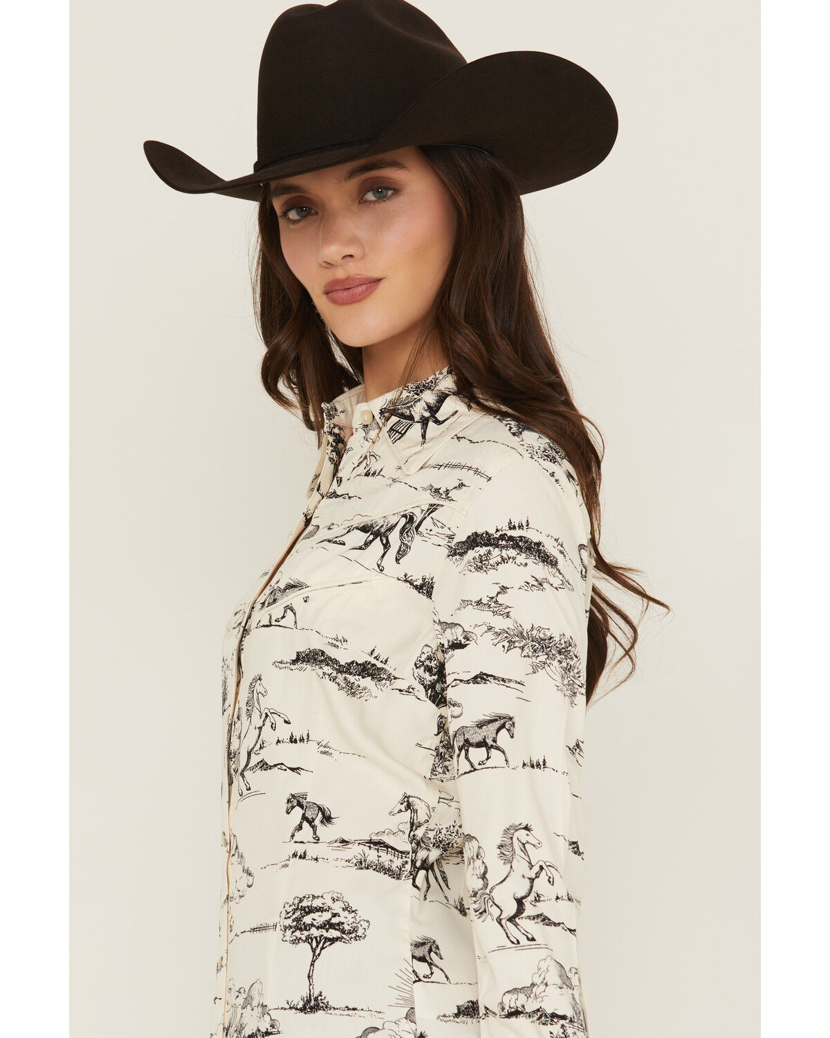 Image #2 - Wrangler x Lainey Wilson Women's Landscape Print Long Sleeve Snap Western Shirt, Cream, hi-res
