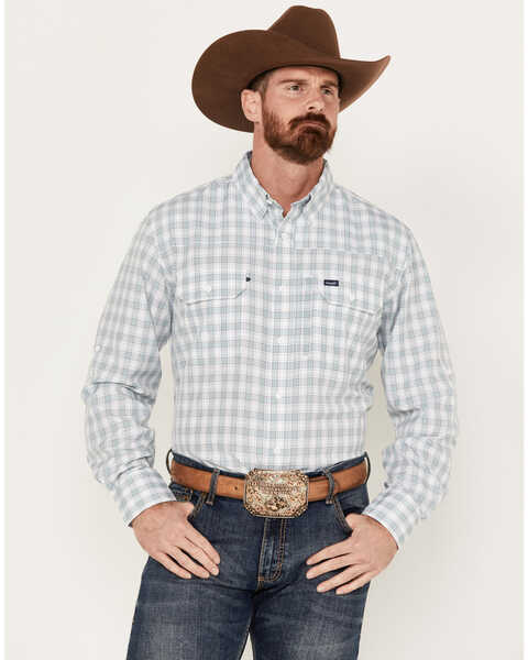 Wrangler Men's Performance Plaid Print Long Sleeve Button Down Western Shirt, Blue, hi-res