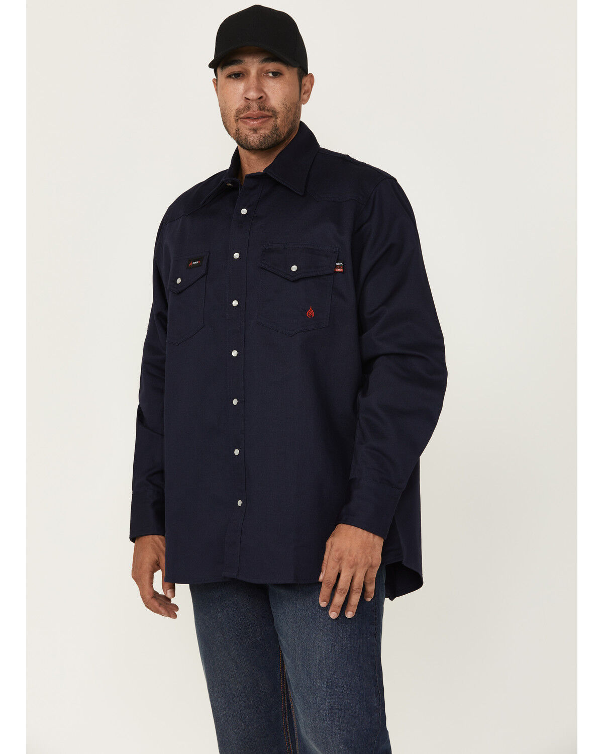 Image #1 - Forge Workwear Men's FR Solid Long Sleeve Snap Work Shirt, Navy, hi-res