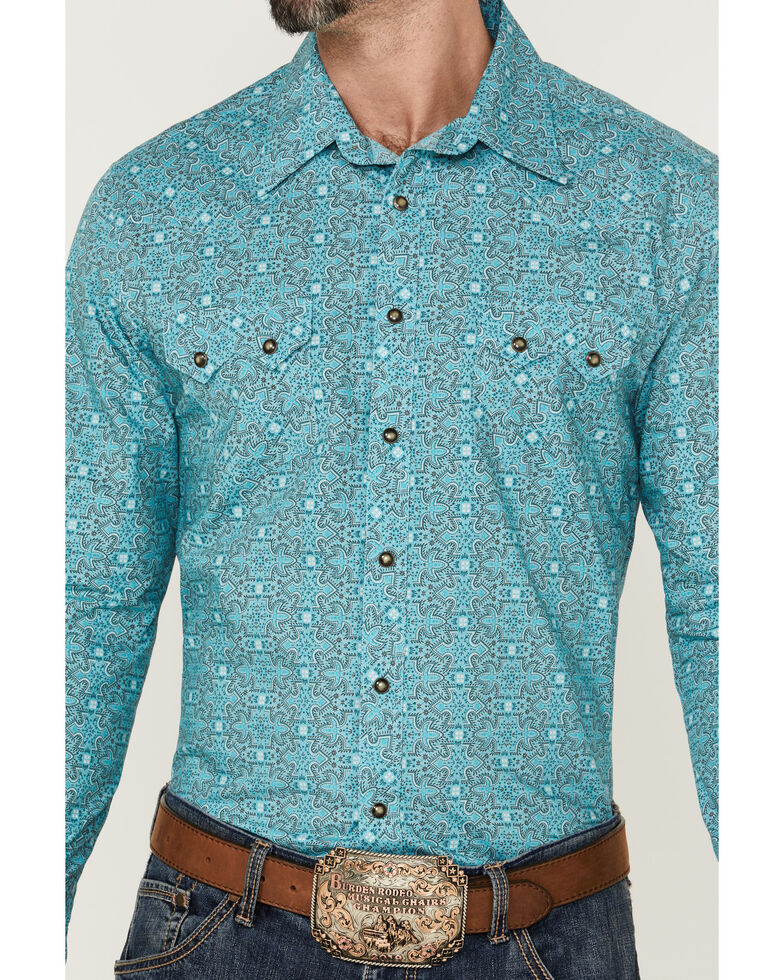 Rock & Roll Denim Men's Blue Medallion Geo Print Long Sleeve Snap Western Shirt , Blue, hi-res
