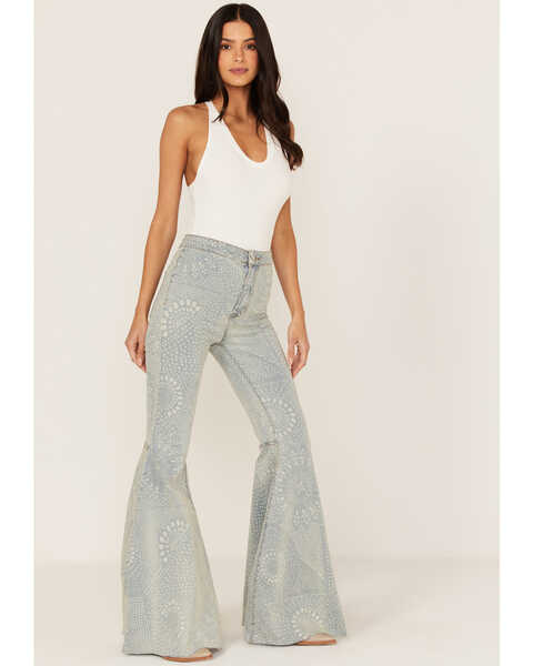 Free People Women's Light Wash High Rise Geo Print Just Float On Flare Jeans, Light Wash, hi-res