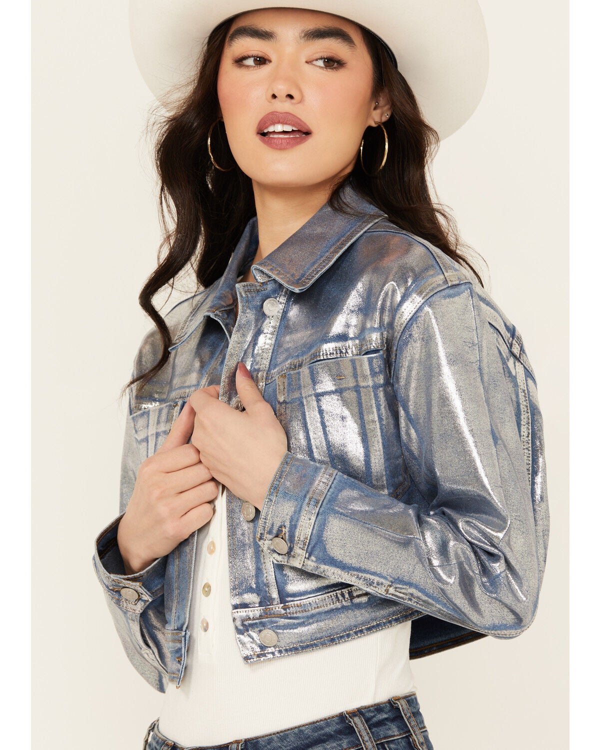 Vibrant Denim Women's Metallic Cropped Denim Jacket, Medium Wash, hi-res