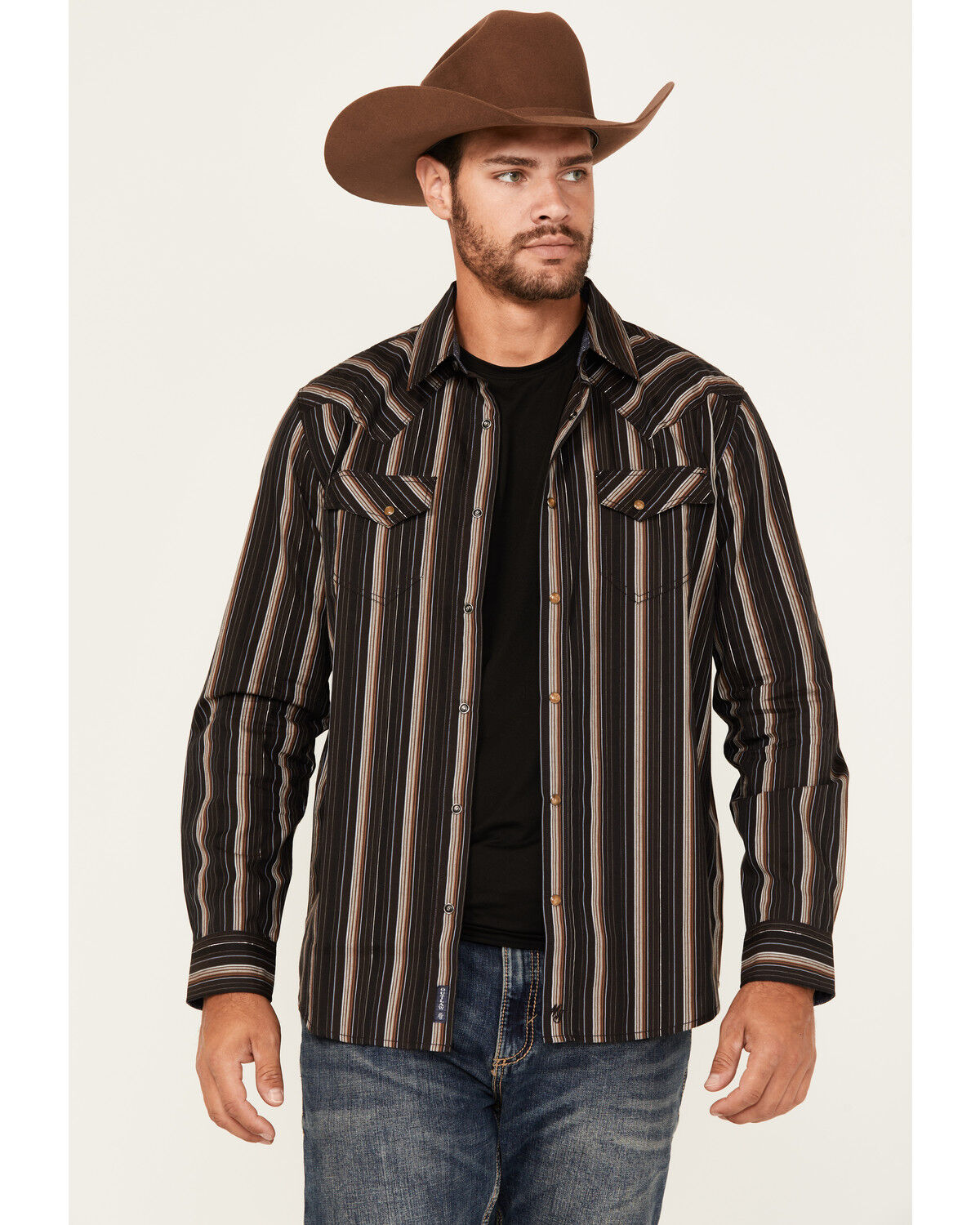 Image #1 - Moonshine Spirit Men's Lure Lurex Striped Print Long Sleeve Snap Western Shirt, Black, hi-res