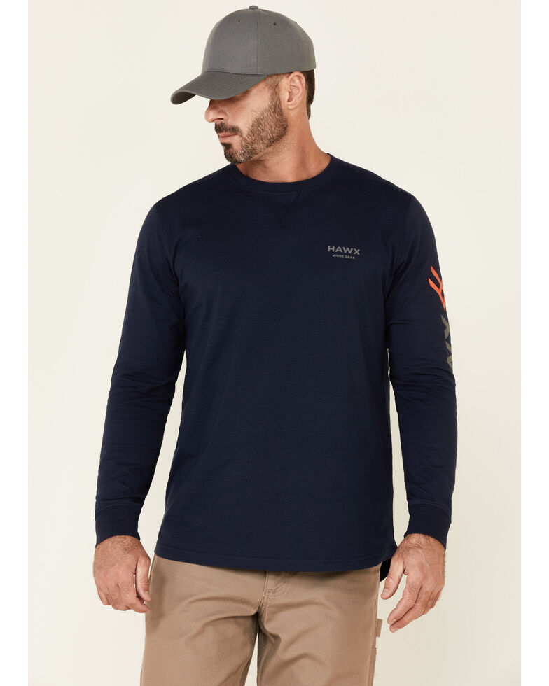 Hawx Men's Navy Original Logo Crew Long Sleeve Work T-Shirt , Navy, hi-res