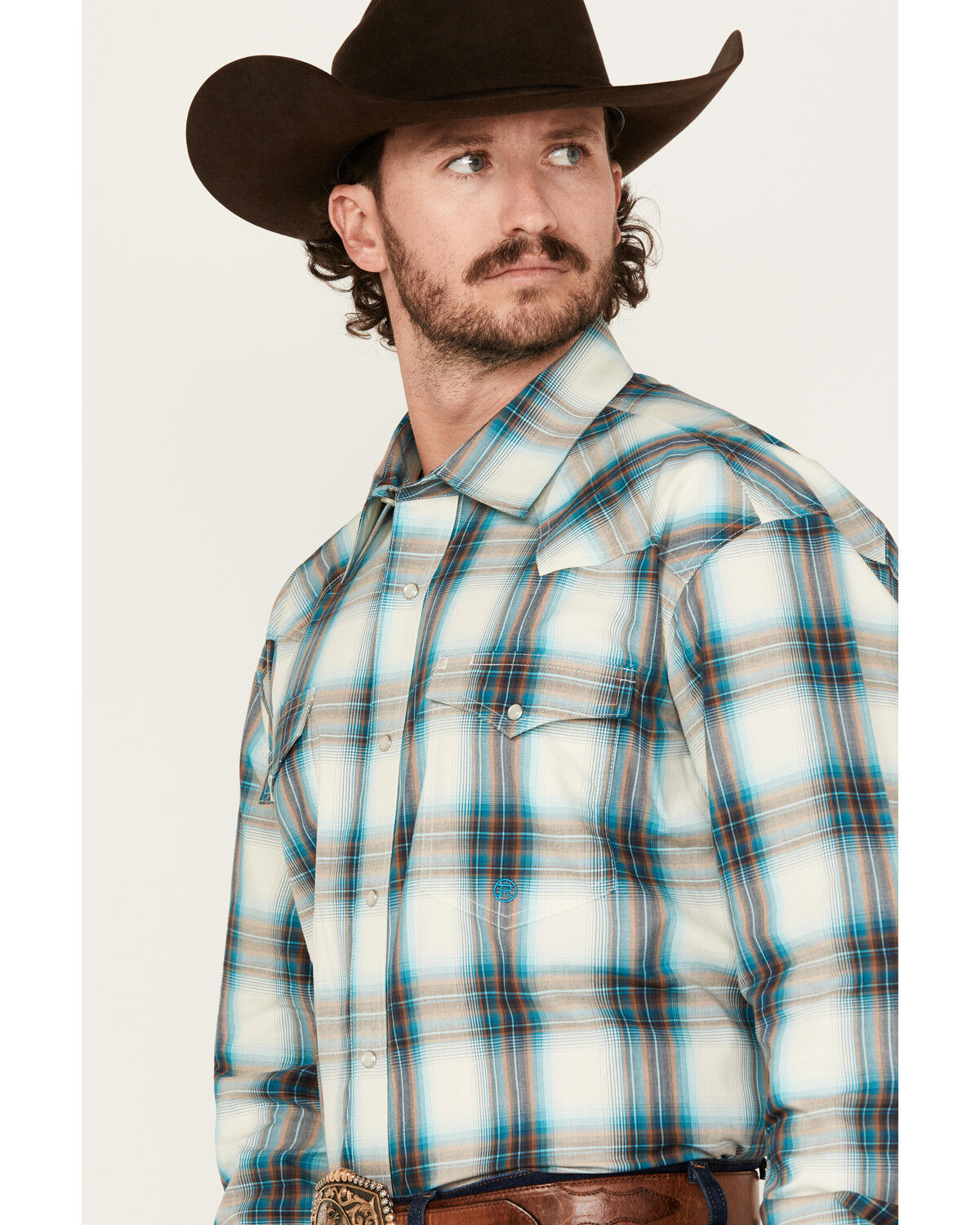 Image #2 - Roper Men's Amarillo Plaid Print Long Sleeve Snap Western Shirt, Turquoise, hi-res