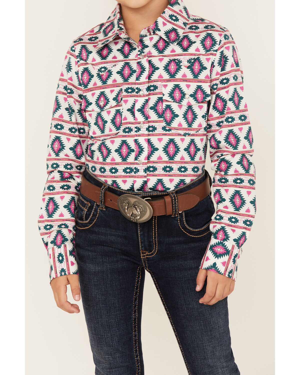 Image #3 - Shyanne Girls' Southwestern Print Long Sleeve Western Button-Down Shirt, Ivory, hi-res