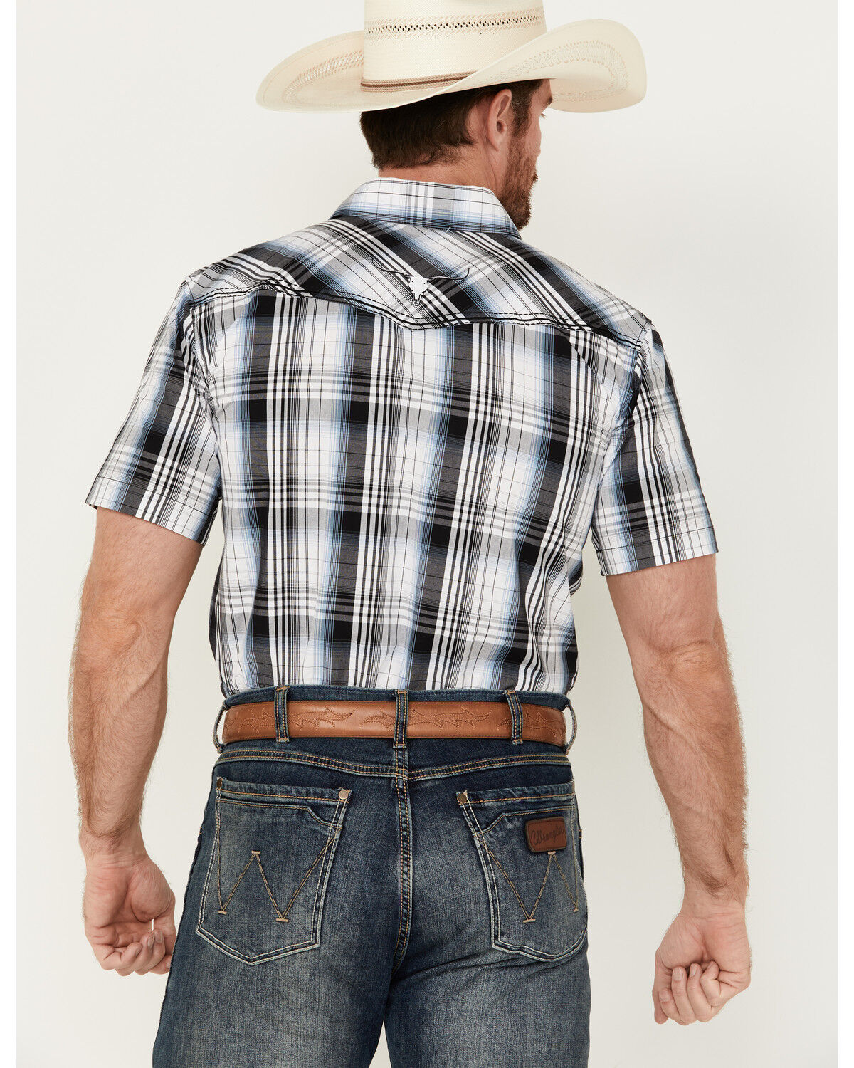 Image #4 - Cowboy Hardware Men's Hermosillo Gradient Plaid Print Short Sleeve Pearl Snap Western Shirt, Black, hi-res