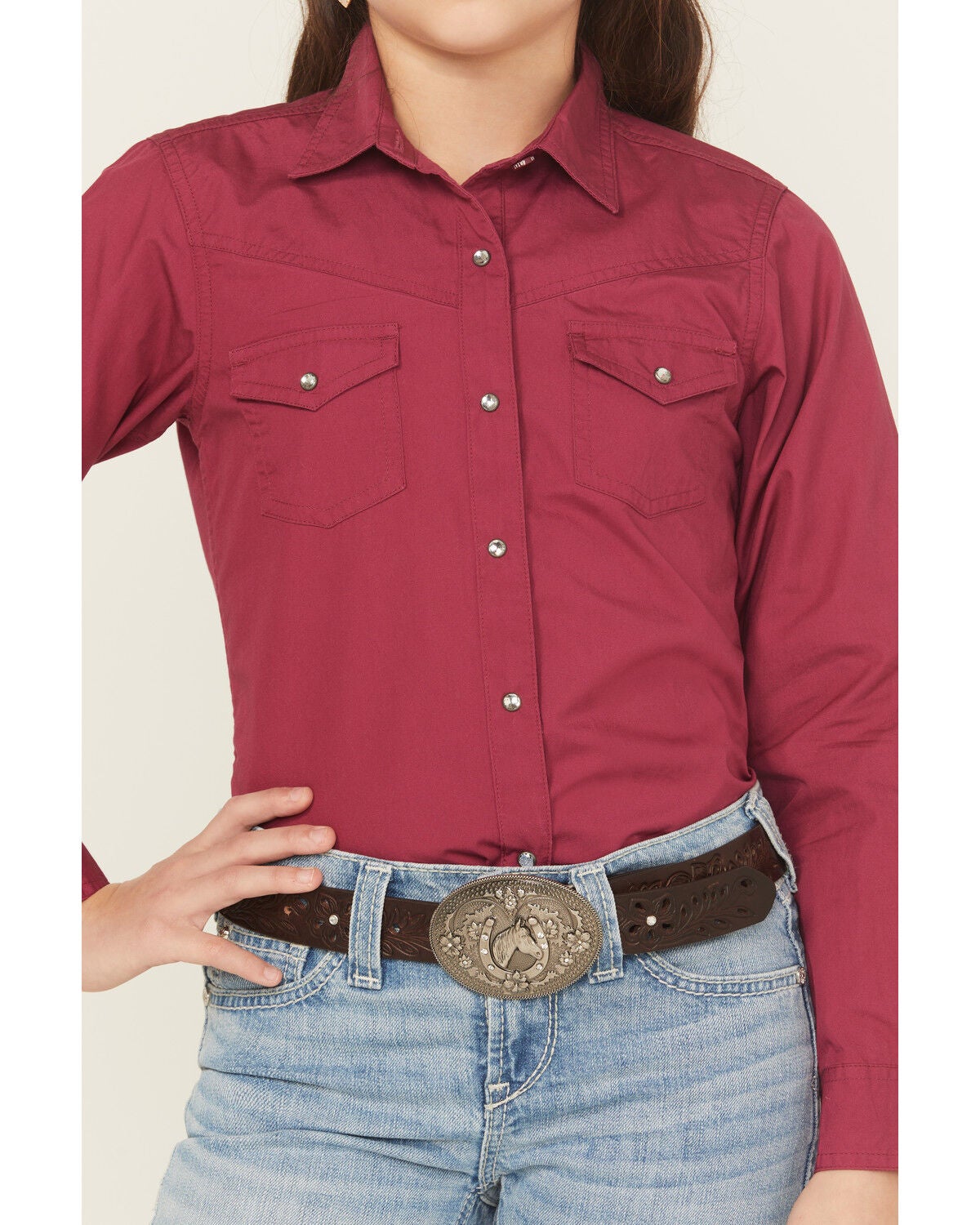 Image #3 - Ariat Girls' Shine Bright Solid Long Sleeve Rhinestone Snap Western Shirt, Maroon, hi-res