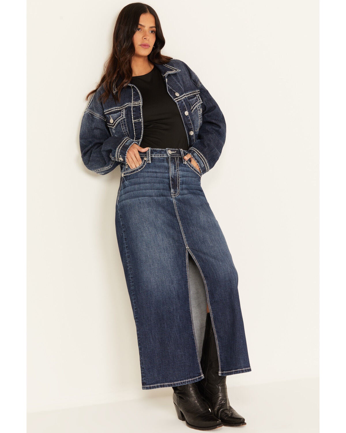 Miss Me Women's Dark Wash Cropped Denim Jacket, Dark Wash, hi-res